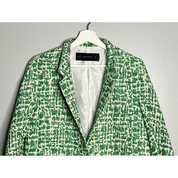 ZARA Basic Jacquard Tweed Single Button Blazer Jacket in Green/White Women's XS - Picture 3 of 8